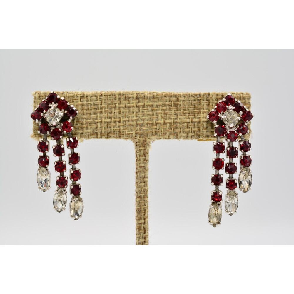 Continental Vintage Crystal Drip Earrings Screw Back Red Rhinestone Signed BinU